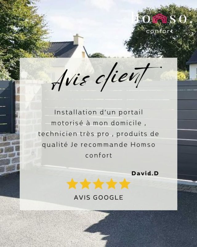💬 Un grand merci à notre client pour son retour !
Son portail motorisé est désormais installé ✅
👉 « Technicien très pro, produits de qualité, je recommande Homso Confort ! »
Un bel exemple de projet mené avec soin et professionnalisme 💪

#AvisClient #Confiance #Menuiserie #Portail #HomsoConfort #IleDeFrance #ValDOise #Franconville #Showroom #DevisGratuit #Fermeture