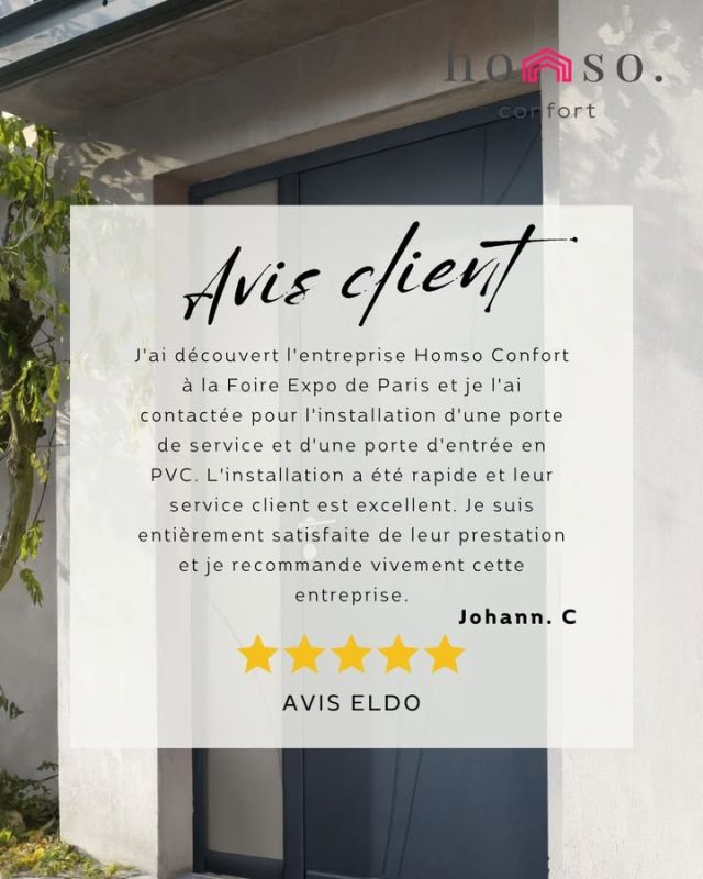 💬 Merci à notre client pour ce superbe témoignage !
Suite à sa rencontre avec notre équipe à la Foire Expo de Paris, il nous a confié l’installation d’une porte d’entrée et d’une porte de service en PVC.
👉 Résultat : une installation rapide, un service client au top et un client 100% satisfaite ✨
Merci pour votre confiance !

#AvisClient #ProjetRéussi #Menuiserie #PortePVC #HomsoConfort #Menuiserie #Fermeture #Showroom #DevisGratuit #IleDeFrance #ValDOise #Franconville