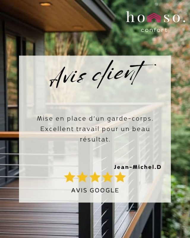 ✨ Un client ravi, 5 étoiles méritées ! ⭐⭐⭐⭐⭐
Mise en place d’un garde-corps sur-mesure : travail impeccable pour un résultat bluffant qui sécurise et sublime l'espace ! Merci pour cet avis qui fait chaud au cœur chez Homso Confort. 😍

Envie d'un garde-corps qui en jette ? Contactez-nous pour un devis gratuit ! 👇 

#GardeCorps #AvisClient #HomsoConfort #Rénovation #Menuiserie #Fermeture #Franconville #IleDeFrance #ValDOise #Showroom #DevisGratuit