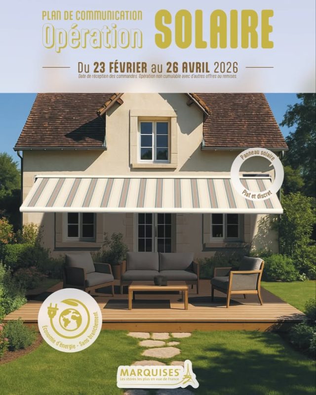 ☀️ Opération exclusive Marquises x Homso Confort ! 🏡

Du 23 février au 26 avril 2026, profitez d’une offre exceptionnelle sur les stores de la gamme autonome Marquises 🌿

👉 Pour toute commande, le moteur solaire est au prix du moteur radio IO Somfy ⚡
Soit un avantage de 372 € HT 😍
C’est le moment parfait pour allier confort, performance et énergie solaire, tout en faisant des économies 💶

🌞 Les avantages Marquises :
- Motorisation solaire performante et silencieuse 🔋
- Fabrication française 🇫🇷
- Design moderne et intégration parfaite à votre terrasse ou véranda

📅 Offre valable jusqu’au 26 avril 2026 inclus — ne manquez pas cette opportunité !
📍 Venez découvrir nos solutions sur mesure chez Homso Confort

#HomsoConfort #Marquises #StoreBanne #GammeAutonome #ÉnergieSolaire #SomfyIO #ConfortMaison #OutdoorLiving #FabricationFrançaise #OffreSpéciale #Promotion #TerrasseDesign #BienChezSoi #Menuiserie #Fermeture #Showroom #DevisGratuit #ValDOise #IleDeFrance #Franconville