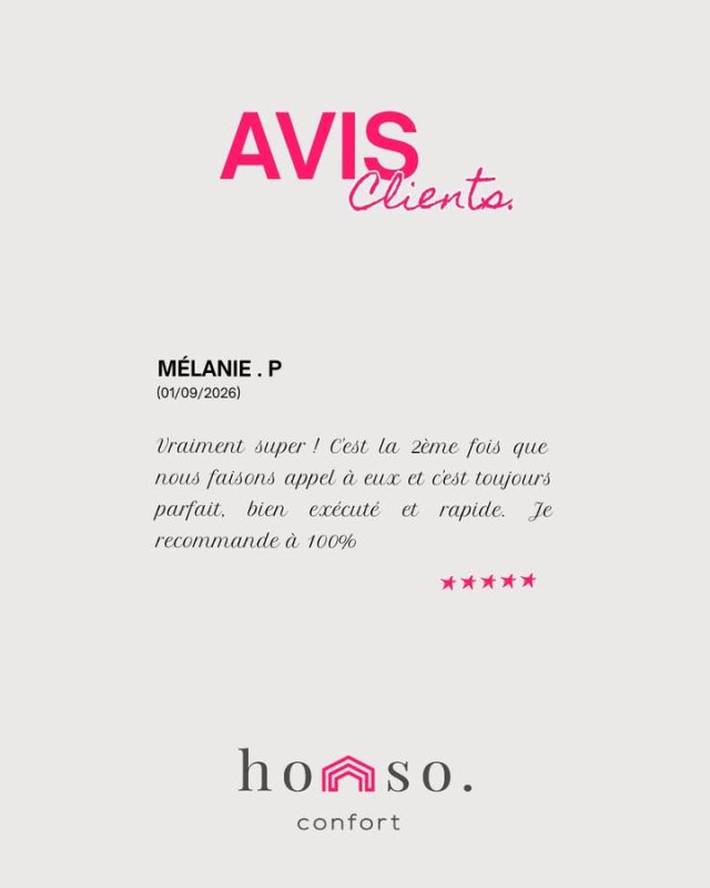 ⭐⭐⭐⭐⭐ Quand un client revient, c'est le plus bel avis qui soit

Il y a les avis qu'on reçoit, et il y a ceux qui disent quelque chose de plus profond sur la relation qu'on construit avec nos clients. Celui de Mélanie P. fait partie de la seconde catégorie 🙏

"Vraiment super ! C'est la 2ème fois que nous faisons appel à eux et c'est toujours parfait, bien exécuté et rapide. Je recommande à 100%" ⭐⭐⭐⭐⭐

Un deuxième projet mené à Cormeilles-en-Parisis, avec le même niveau d'exigence et le même résultat que la première fois. C'est exactement ce qu'on vise à chaque intervention : que la confiance donnée une première fois se confirme la deuxième 🤝.

Merci encore Mélanie, pour votre confiance renouvelée 🏡.

📍 Venez nous rencontrer dans notre showroom de 250 m² à Franconville, entreprise certifiée Qualibat RGE 🏆.
📞 01 30 72 19 20 — 🌐 www.homso-confort.fr

#AvisClient #Satisfaction #CormeillesEnParisis #PierretPortesEtFenêtres #HOMSOCONFORT #ValdOise